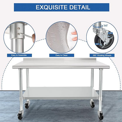 HARDURA Stainless Steel Table 24 x 48 Inches with Wheels Casters NSF Heavy Duty Commercial Prep Table with 2” Backsplash and Adjustable Undershelf for Restaurant Kitchen Home and Hotel