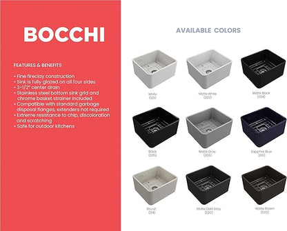 BOCCHI Classico Farmhouse Apron Front Fireclay 20 in. Single Bowl Kitchen Sink with Protective Bottom Grid and Strainer in Black
