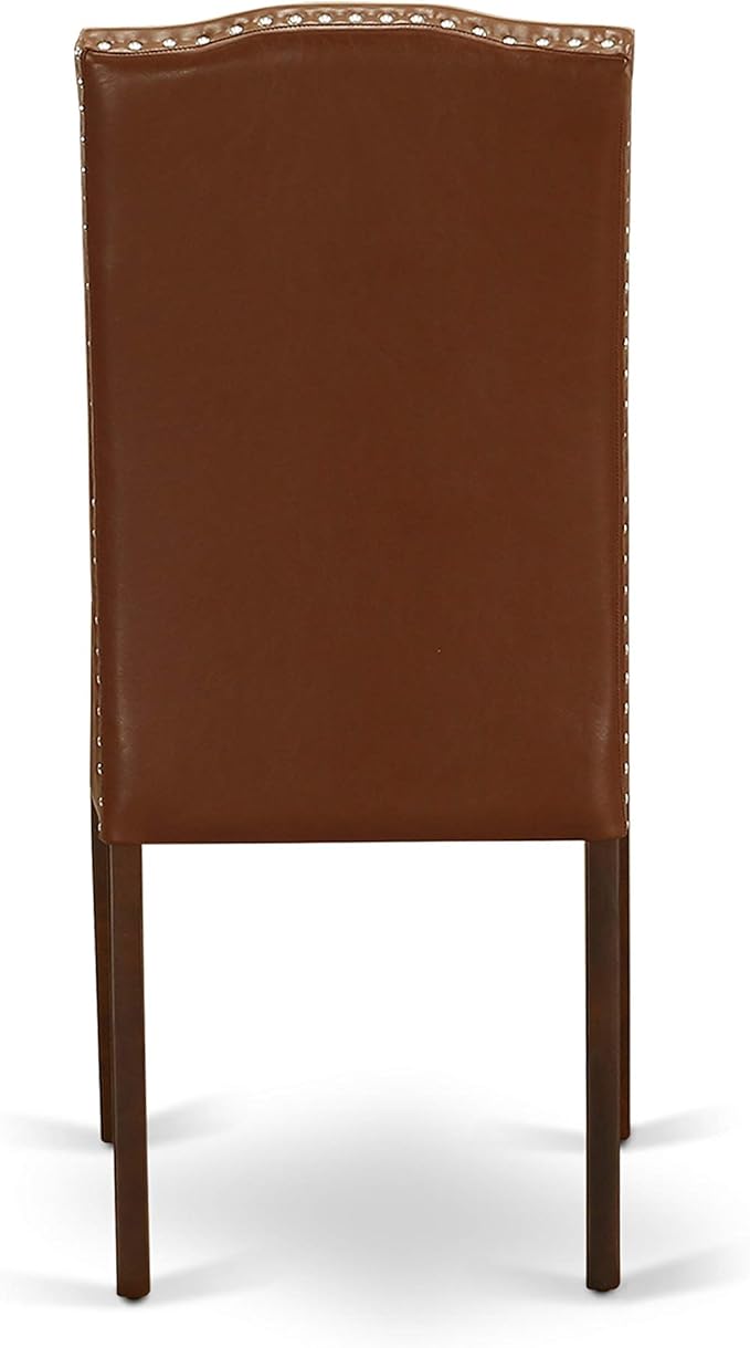 East West Furniture ENP3T66 Encinal Parsons Dining Chairs - Nailhead Trim Brown Faux Faux Leather Upholstered Chairs, Set of 2, Mahogany