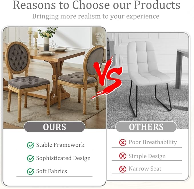 Velvet Dining Chairs Set of 6, Vintage Wooden Dining Chair with Solid Wood Legs, Upholstered Farmhouse Kitchen Chair for Living Room, Restaurant, Bedroom (Gray, Set of 6)