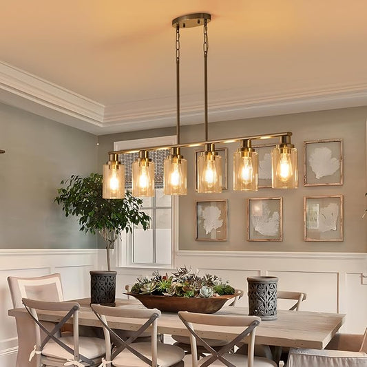 Dining Room Light Fixtures Over Table,6-Light Farmhouse Kitchen Island Lighting,44.3'' Linear Chandelier Pendant Lighting for Kitchen Island for Brushed Nickel Finish with Clear Glass Shade
