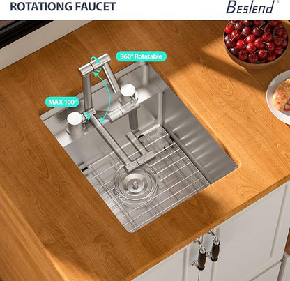 15 Inch Outdoor Kitchen Sink With Faucet and Cover - Beslend 15x18x9 Undermount Kitchen Bar Sink Workstation 16 Gauge Stainless Steel Single Bowl Small Sinks Under Counter Indoor Outdoor