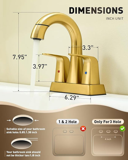 Brushed Gold Bathroom Faucet 4 Inch Centerset 3 Hole, 2 Handle Faucet with Heat-Resistant Pull-Out Sprayer, 360° Swivel Spout & Pop-Up Drain, BF-116B
