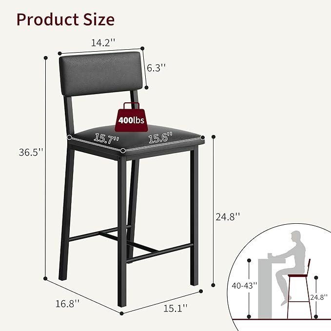 GarveeHome Bar Stools Set of 4 w/Soft Back and Upholstered Seat, 24.8 Inches Counter Height Barstools with Footrest & Thickened Metal Legs, for Kitchen Island, Bar, Black