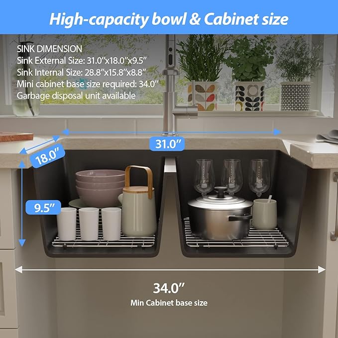 Lordear 31 Black Kitchen Sink Double Bowl Quartz Undermount Kitchen Sink Granite Composite Metallic Black Deep Double Bowl 50/50 Kitchen Sinks with Accessories