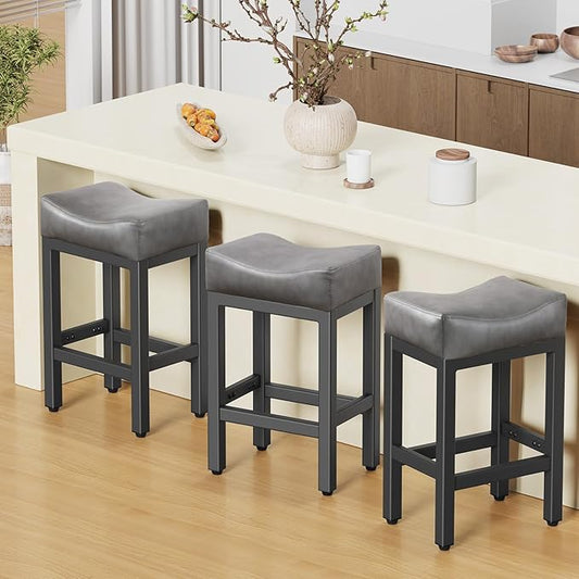 Raynesys Counter Height Bar Stools Set of 3, 24 Inch Barstools for Kitchen Island Counter, Bonded Leather Kitchen Stools with Thick Saddle Seats & Heavy Duty Metal Base, Easy Assembly, Gray/Black