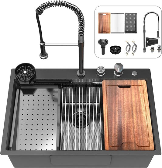 33x22 inch Waterfall Kitchen Sink Metal Black -Feibus 33inch Drop In Sink with Faucet Combo Double Step Workstation16 Gauge Multifunctional Stainless Steel Single Bowl