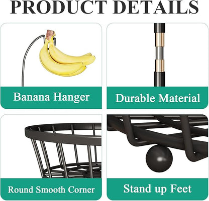 SAYZH 2-Tier Fruit Basket Bowl Stackable Vegetable Storage with Banana Tree Hanger Stand for Kitchen Countertop, Metal Wire Basket for Bread Onions Potatoes Black