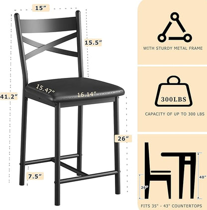 GarveeHome Bar Stools Set of 4, Counter Height Bar Chairs with Back and Thick Cushion, Upholstered Dining Chairs with Padded Seat, Barstools for Kitchen Island, Bar, Dining Room, Modern Black