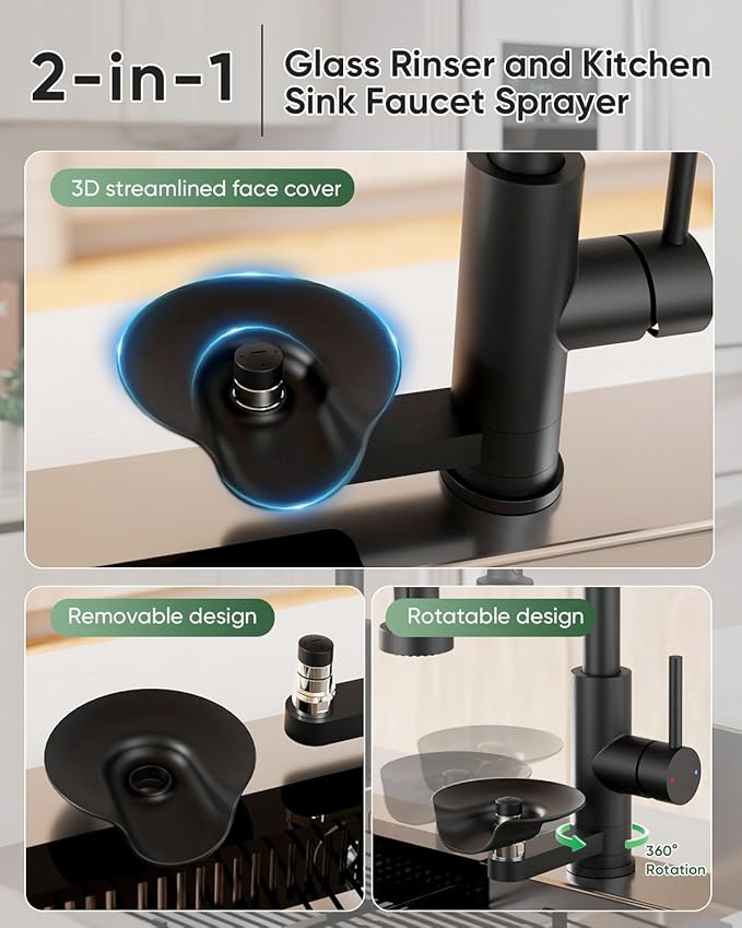 OWOFAN Kitchen Faucet with Cup Washer Pull Down Sprayer Stainless Steel Kitchen Sink Faucet with Deck Plate Glass Rinser Single Hole Black
