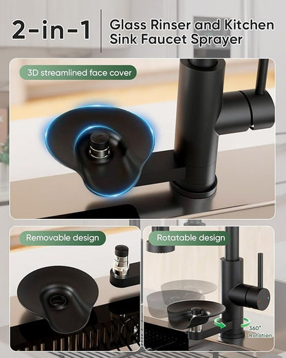 OWOFAN Kitchen Faucet with Cup Washer Pull Down Sprayer Stainless Steel Kitchen Sink Faucet with Deck Plate Glass Rinser Single Hole Black