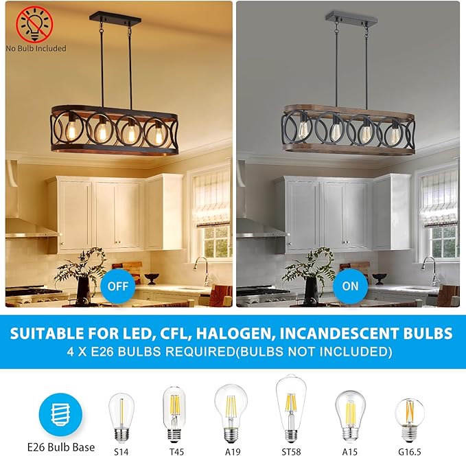 XINGQI 32.7" Kitchen Island Chandeliers Over Table Black Rectangular Linear Pendant Lighting Fixtures Farmhouse 4-Light Wood Grain Finish for Dining Room Living Room Bar Office Coffee Shop