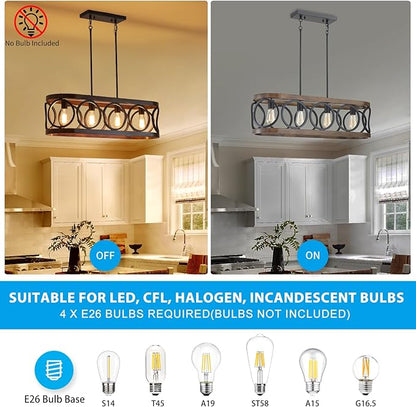 XINGQI 32.7" Kitchen Island Chandeliers Over Table Black Rectangular Linear Pendant Lighting Fixtures Farmhouse 4-Light Wood Grain Finish for Dining Room Living Room Bar Office Coffee Shop
