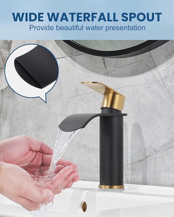 Waterfall Bathroom Faucet: WOWOW Black and Gold Modern Single Handle Bathroom Faucets for 1 or 3 Hole Bathroom Sink Faucet Mixer Tap Washbasin Faucet with Deck, Pop-up Drain and Supply Hoses