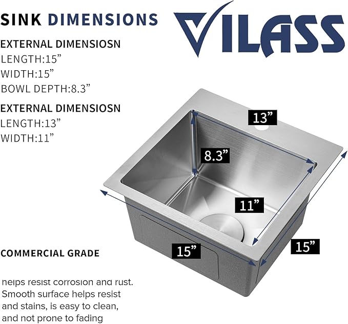Bar Sink 15x15 Inch Drop in Bar Sinks with Faucet Combo Modern Stainless Steel Small Kitchen Sink Single Bowl RV Sink
