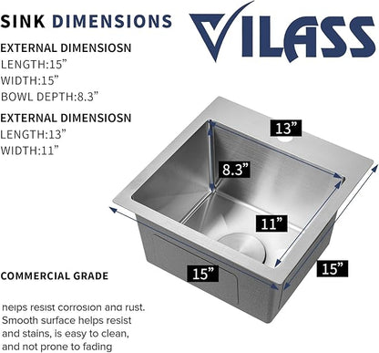 Bar Sink 15x15 Inch Drop in Bar Sinks with Faucet Combo Modern Stainless Steel Small Kitchen Sink Single Bowl RV Sink