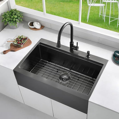 33 Black Drop In Kitchen Farmhouse Sink, Luckyhorse 16 Gauge 33x22 Nano Black Stainless Steel Drop in Topmount Workstation Farmhouse Kitchen Sink with Apron Front LH010SQ