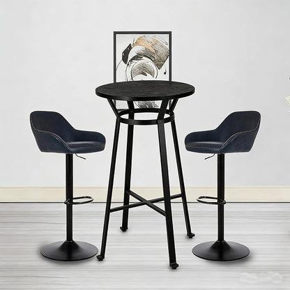 Glitzhome Bar Table and Chairs Set, Round Black Steel Pub Table with Soild Elm Wood Top and Bar Height Adjustable Swivel PU Leather Bar Stool for Breakfast Nook Living Room Small Space Restaurant