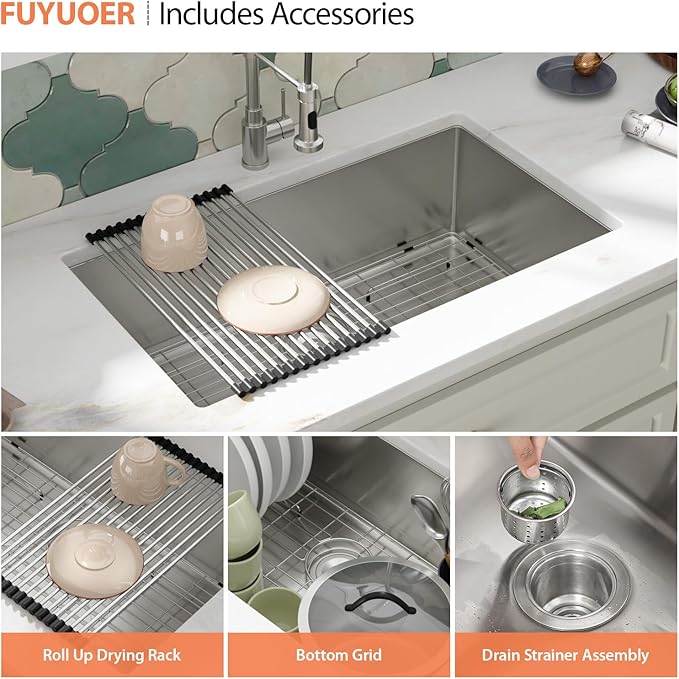 33 Inch Undermount Kitchen Sink - Fuyuoer 33x19 Inch Under Counter 16 Gauge Stainless Steel Single Bowl, 9'' Deep Basin with Round Corners