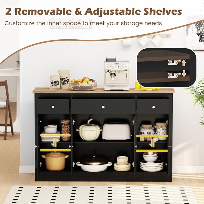 Giantex 55" Sideboard Buffet Cabinet with Storage, Modern Farmhouse Kitchen Storage Cabinet w/3 Drawers, Adjustable Shelves, 2 Barn Doors & 2 Glass Doors, Black Sideboard for Living Room, Coffee Bar