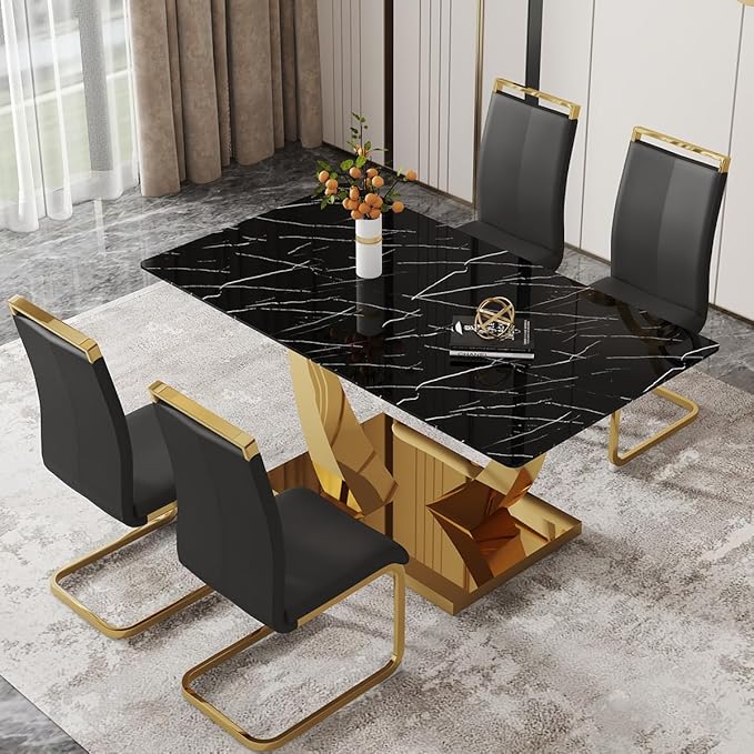 AZmac 63'' Black Dining Room Table for 4-6, Faux Marble Dining Table with Gold Base, Rectangle Kitchen Table with Tempered Glass Top for Kitchen Dining Room