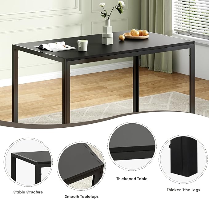 47" Mid Century Modern MDF Top Island Table, Rustic Dining Table with Sturdy Metal Frame, Farmhouse Dining Table with Multi-Used for Home Kitchen, Office, Study Nooks, Black