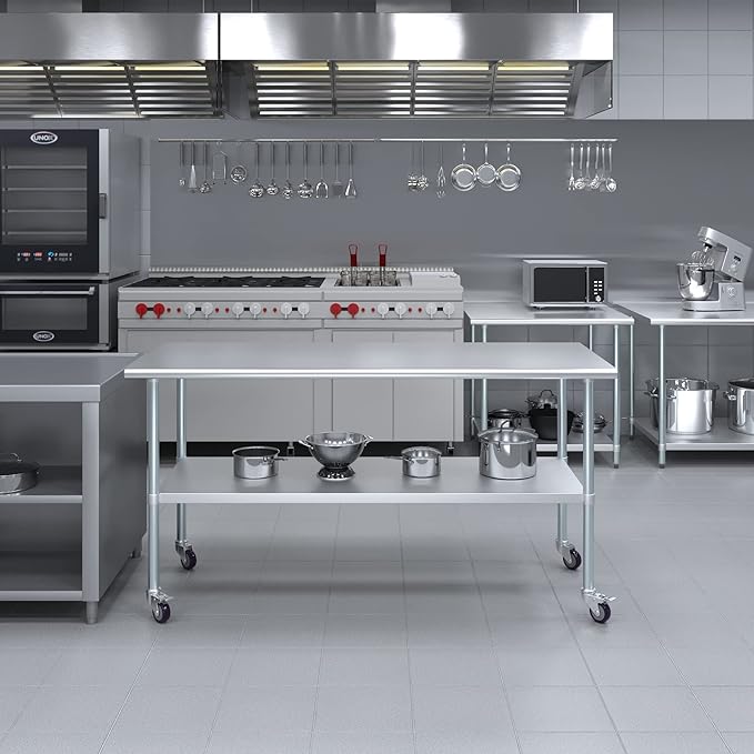 Stainless Steel Work Table with Wheels | NSF Kitchen Island Food Prep | Laundry Garage Utility Bench (Table + Wheels, 72" Long x 30" Deep)