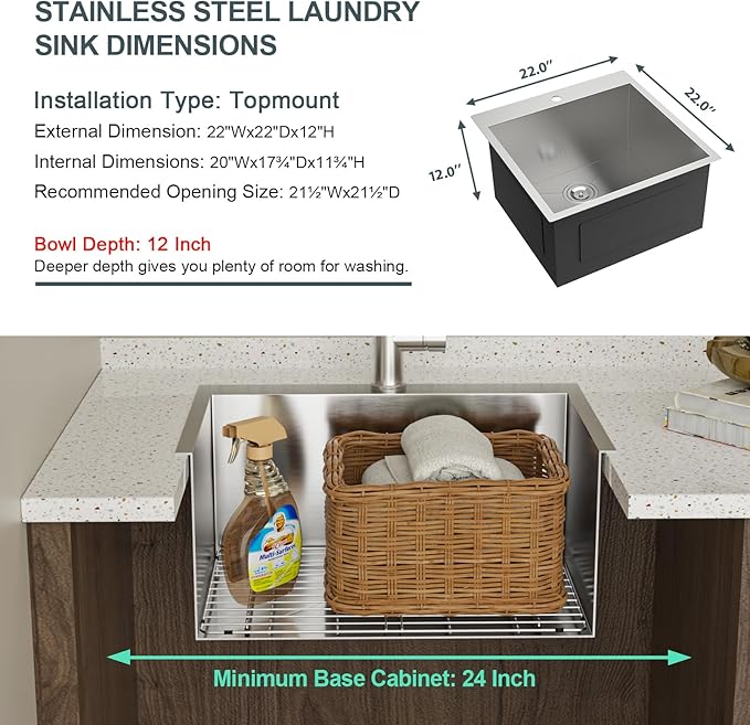 Lordear Drop In Laundry Sink with Faucet 22"x22"x12" Topmount Utility Sink 16 Gauge Stainless Steel Single Bowl for Laundry Room
