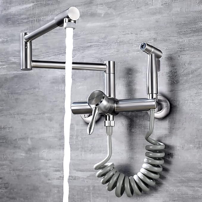 Wall Mount Kitchen Sink Faucet 4"/6"/8" Center, Folding Commercial Faucet, Pot Filler Faucet with Side Sprayer