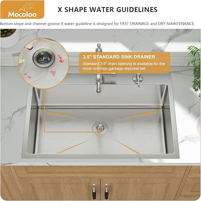 Mocoloo 30 x 22 Kitchen Sink Drop in - 30 Inch Stainless Steel Kitchen Sinks Topmount 16 Gauge Single Bowl Above Counter Handmade Sink, 10'' Deep Basin