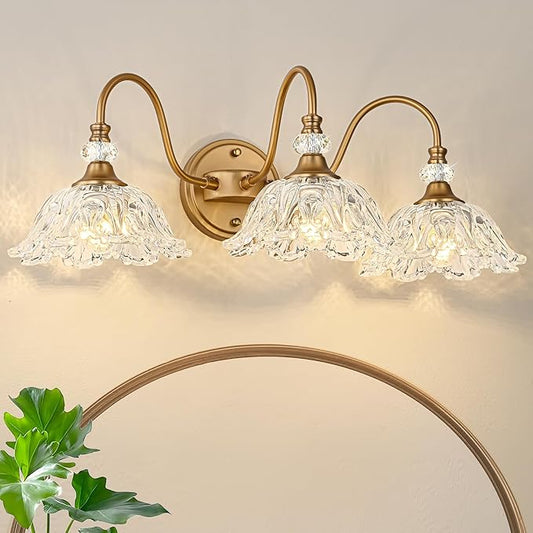 Vintage Bathroom Vanity Light, 3-Light Matte Deep Brass Finish Vanity Light with Flower-Shaped Clear Glass Shades, Retro Wall Sconce for Bathroom