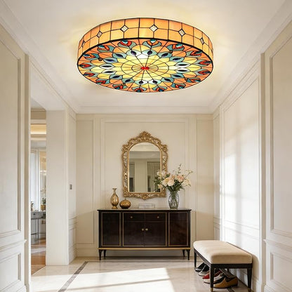 20" Vintage Stained Glass Ceiling Light, 4-Light Stained Glass Flush Mount Light Fixture, Chandelier Ceiling Pandent Lamp for Farmhouse Kitchen Island (Retro)