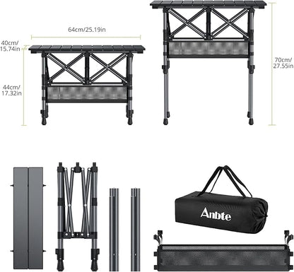 Anbte 2ft Small Roll Up Camping Table, 2 Adjustable Height Aluminum Portable Camping Table with Storage Net & Bag, Lightweight Waterproof Folding Table for Indoor Outdoor BBQ Picnic, 25” X 16”, Black