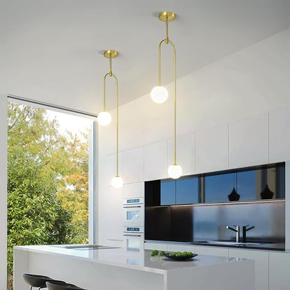 Modern Milk Glass Pendant Light 2 Light Mid Century Chandelier Small Glass Globe Gold Pendant Lights for Kitchen Island Bedroom Dining (Metal Tube Removable, 1 Pack)
