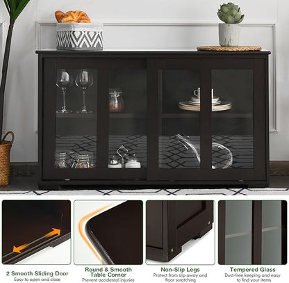 Sideboard Buffet Cabinet, Stackable Cupboard Storage Table with Adjustable Shelf & Glass Sliding Doors, Wooden Credenza Coffee Bar Cabinet for Kitchen/Dining Room/Living Room/Entryway (Coffee)