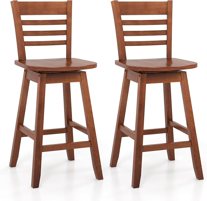 Giantex Wood Bar Stools Set of 2, 24.5" Swivel Counter Height Bar Stools with Slatted Hollow Back & Ergonomic Contoured Seat, Footrest, Farmhouse Wooden Barstools for Kitchen Island, Bar, Cafe, Walnut