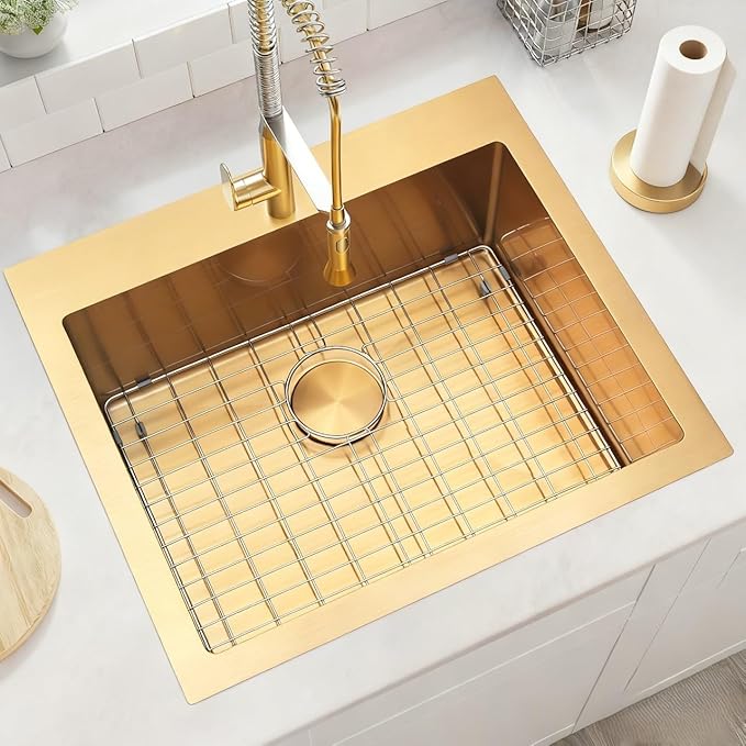 Gold Kitchen Sink 25"x22",Drop In Laundry Utility Sink,25 Inch Gold Sink 16 Gauge Stainless Steel,Top Mount Single Bowl Deep Kitchen Sinks