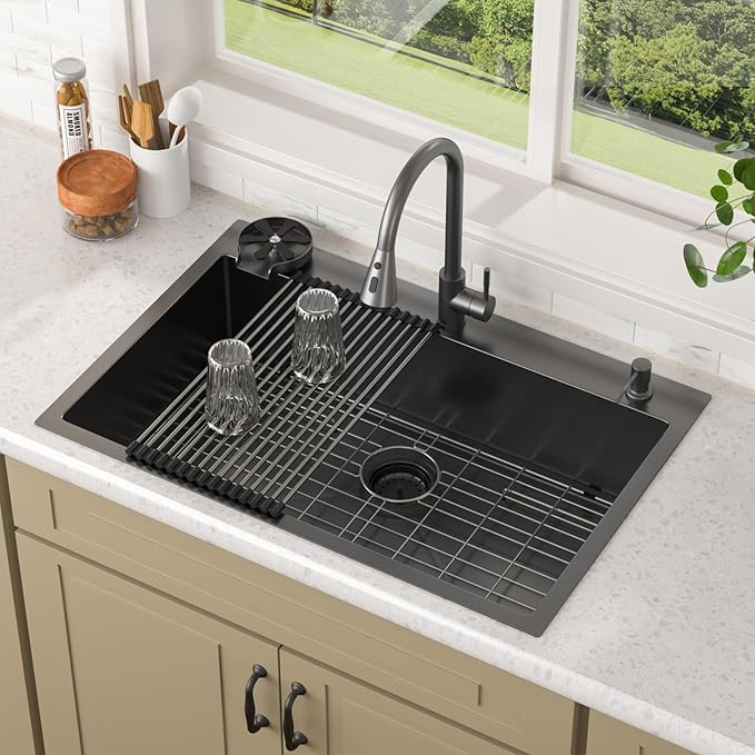 Lordear 33 Inch Drop In Black Kitchen Sink with Faucet Combo - 16 Gauge Stainless Steel 33x22 Single Bowl Black Drop In Kitchen Sink with All Accessories