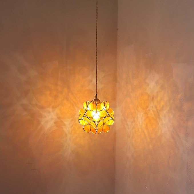Bieye L10966 Petals Tiffany Style Stained Glass Ceiling Pendant Light with 8-inch Wide Lampshade (Orange Translucent, 8" Cherry Blossom)