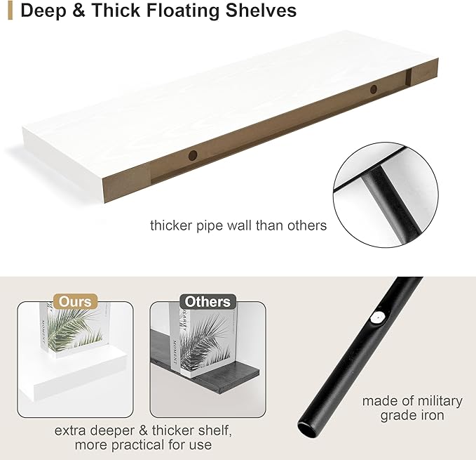 Heimlove 12" Deep White Floating Shelves,Over Toilet Long Wall Mounted Modern Farmhouse 36 inches,Wall Shelves with Invisible Brackets for Bedroom, Bathroom, Living Room, Kitchen, Set of 1