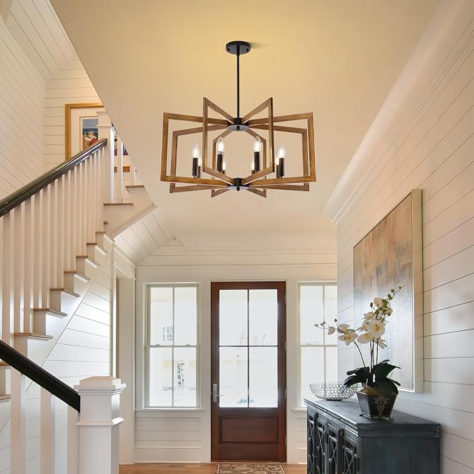 27.6" Farmhouse Chandelier, 8-Light Geometric Dining Room Light Fixture Over Table, Modern Kitchen Island Lighting, Industrial Metal Hanging Pendant Lights for Foyer, Hallway, Entryway(Wood Grain)