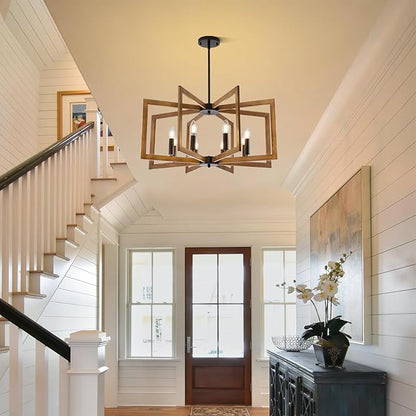 27.6" Farmhouse Chandelier, 8-Light Geometric Dining Room Light Fixture Over Table, Modern Kitchen Island Lighting, Industrial Metal Hanging Pendant Lights for Foyer, Hallway, Entryway(Wood Grain)