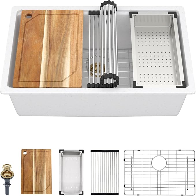 30 Inch Granite Composite Kitchen Sink - 30"x19" White Undermount Granite Kitchen Sink, Classic Quartz Single Bowl Workstation All-In One Sinks Basin for Modern Kitchens #TLGU-105