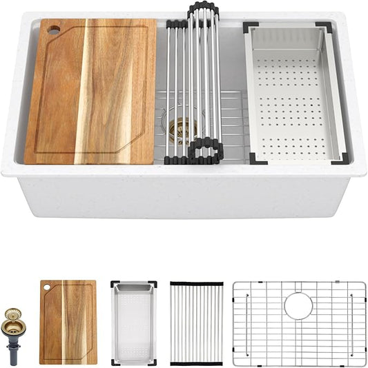 30 Inch Granite Composite Kitchen Sink - 30"x19" White Undermount Granite Kitchen Sink, Classic Quartz Single Bowl Workstation All-In One Sinks Basin for Modern Kitchens #TLGU-105
