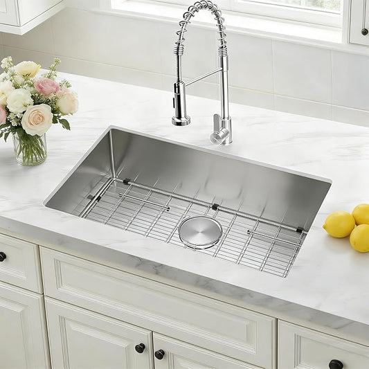 SANYCASA 33 Inch Undermount Kitchen Sink with Quiet Drain, Bottom Grid - 11 Gauge Stainless Steel Single Bowl