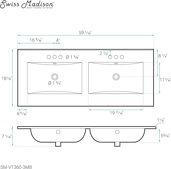 60 inch Vanity Top Bathroom Sink in Matte Black with 3 Holes