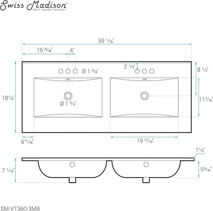 60 inch Vanity Top Bathroom Sink in Matte Black with 3 Holes