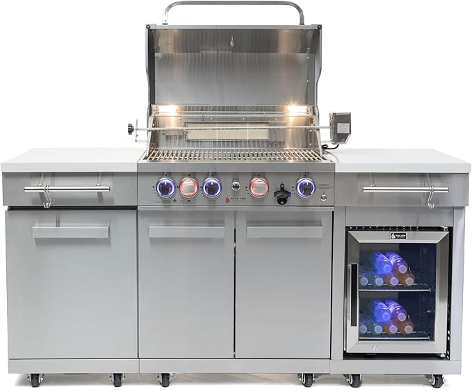 Mont Alpi Premium 70"W x 24"D Stainless Steel Compact Outdoor Kitchen Island with Refrigerator + 32"W 4-Burner BBQ Grill with Infrared Rotisserie Burner + Storage Cabinets + White Granite Countertops