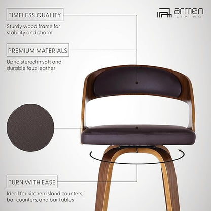 Armen Living Shelly 30" Bar Height Swivel Brown Faux Leather and Walnut Wood Bar Stool - Set of 3