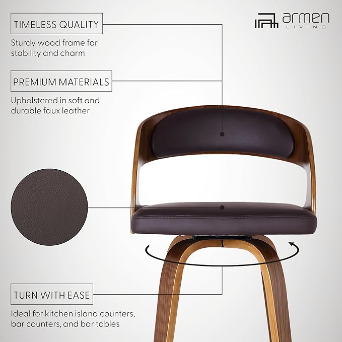 Armen Living Shelly 26" Seat Height Mid Century Modern Swivel Bar Stool for Kitchen Island Counter in Brown Faux Leather and Walnut Wood